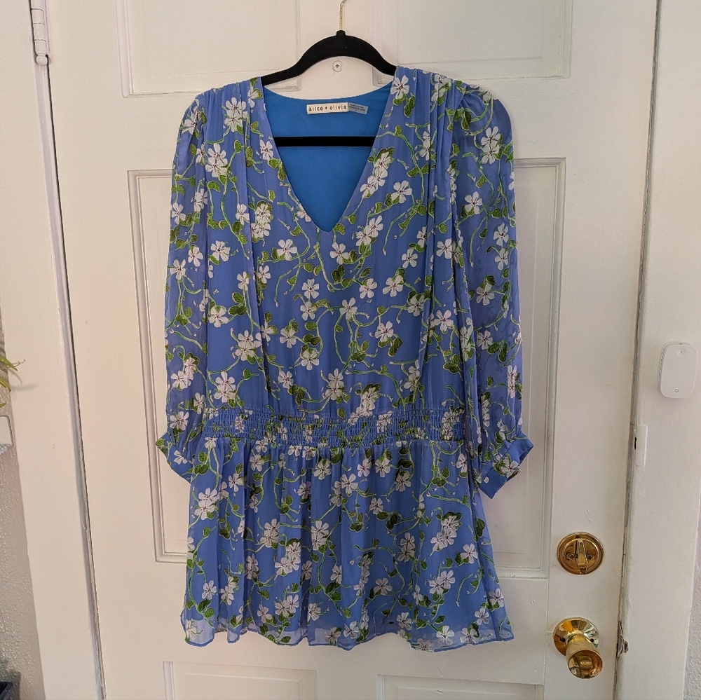 Alice + Olivia Adaline Smocked Popover Dress Blue White Mini Dress 0 - Picture 3 of 5